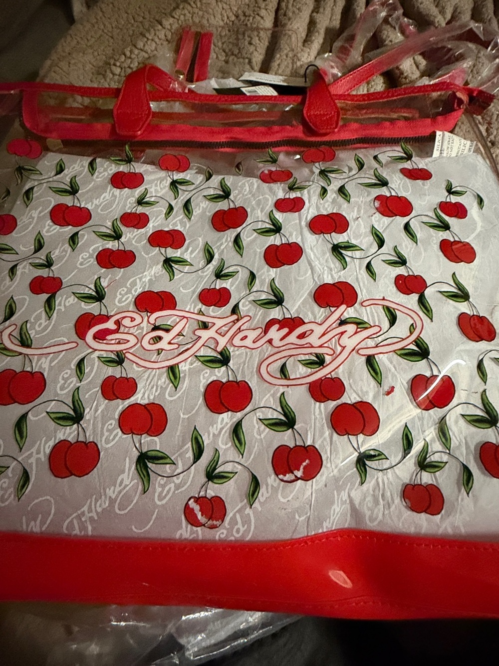 ED HARDY BNWT Cherry-Print Clear Tote Bag with Red Trim